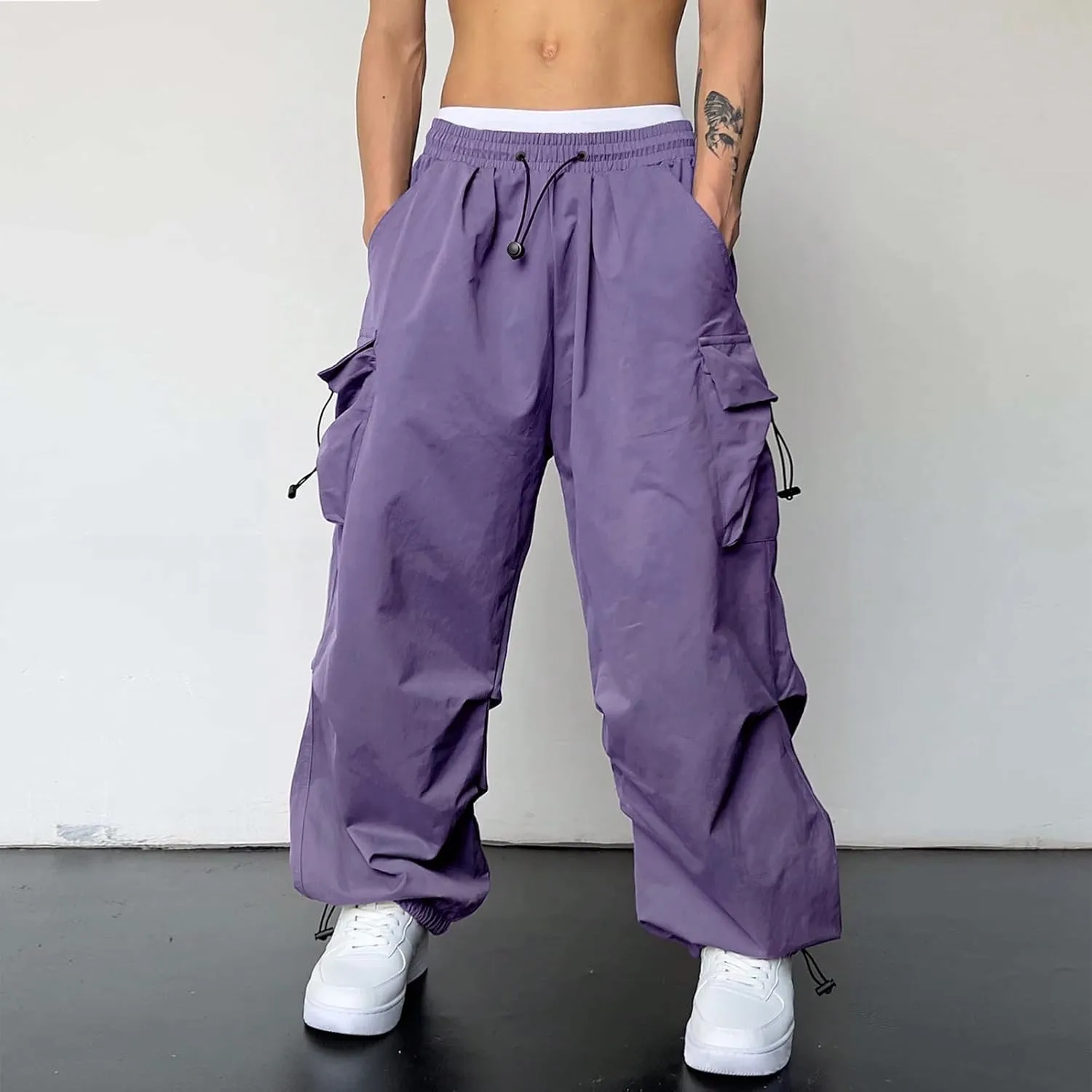 Mens Sweatpants with Pockets Wide Leg Baggy Elastic Waist Parachute Pants Lightweight Drawstring Comfy Casual Cargo Joggers