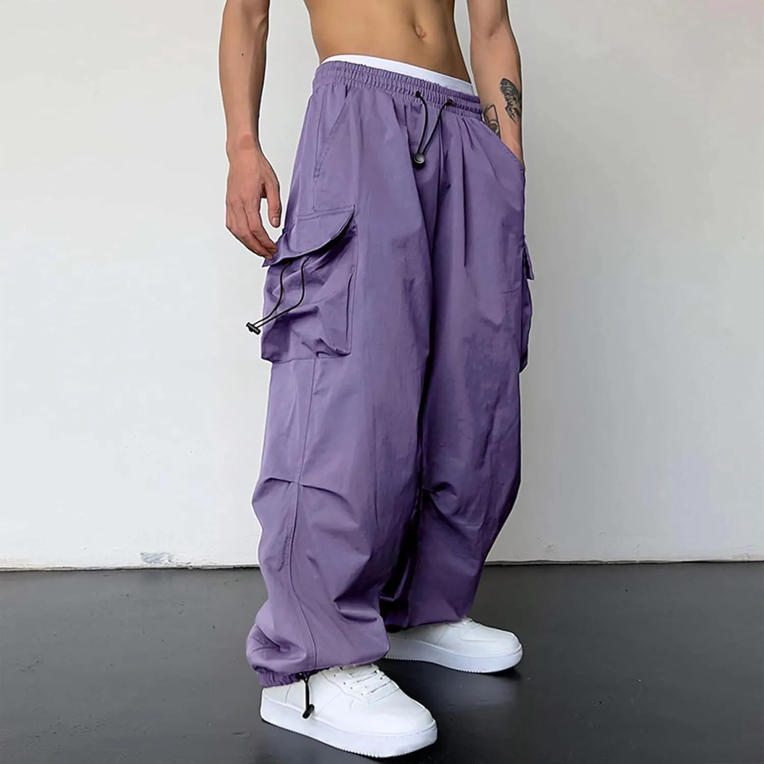 Mens Sweatpants with Pockets Wide Leg Baggy Elastic Waist Parachute Pants Lightweight Drawstring Comfy Casual Cargo Joggers