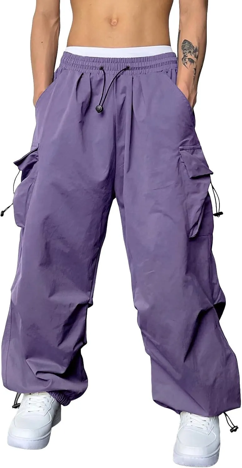 Mens Sweatpants with Pockets Wide Leg Baggy Elastic Waist Parachute Pants Lightweight Drawstring Comfy Casual Cargo Joggers