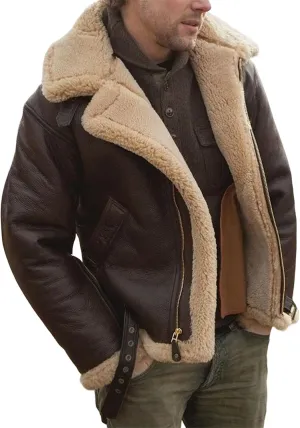 Mens Winter Jacket Faux Suede Aviator Bomber Jacket Warm Shearling Leather Coat Zip Up Vintage Motorcycle Coat for Men