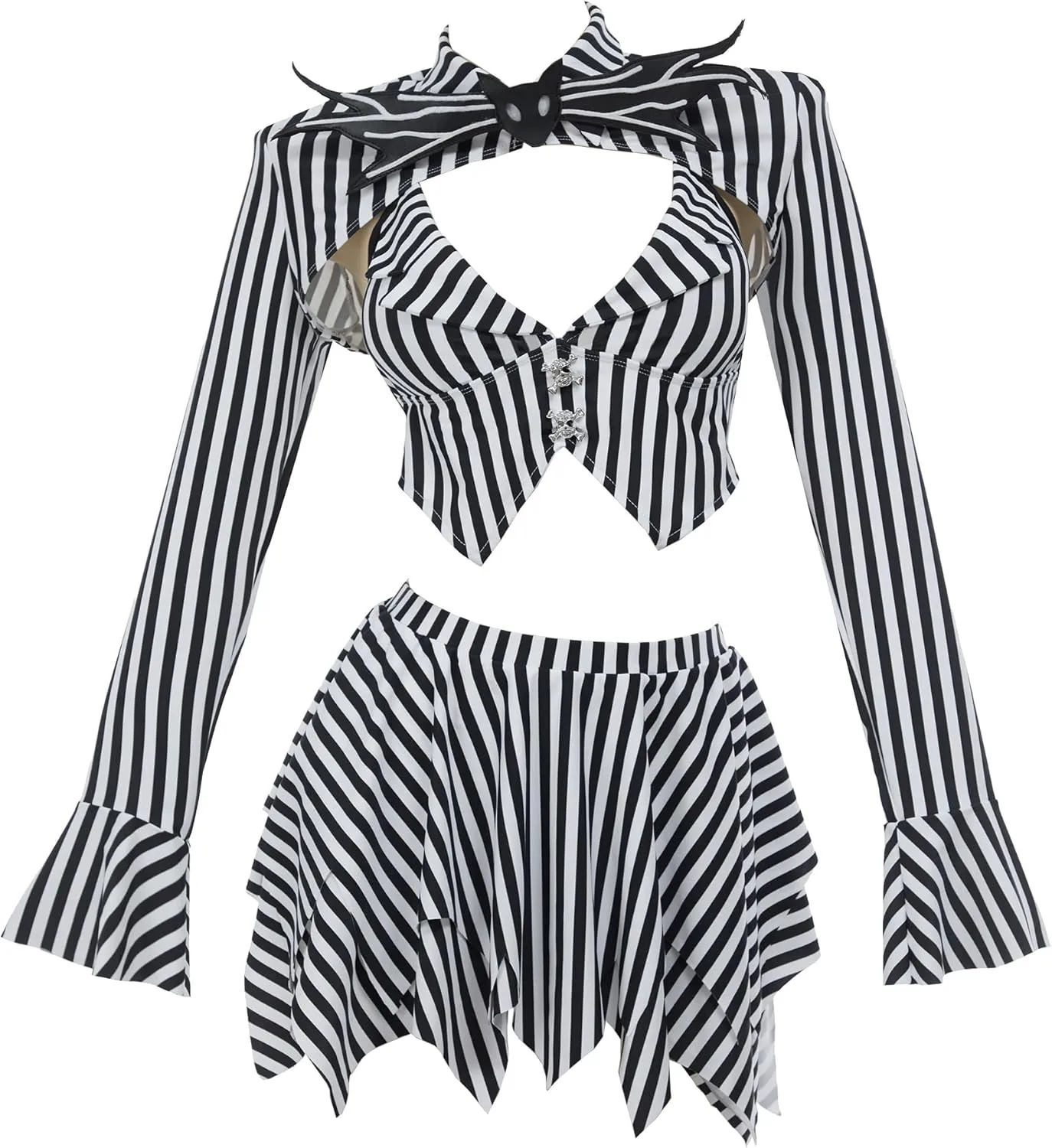 MEOWCOS Goth Bikini Swimsuit Gothic Black White Striped Personalized Bathing Suit Dark Style Goth Swimsuit