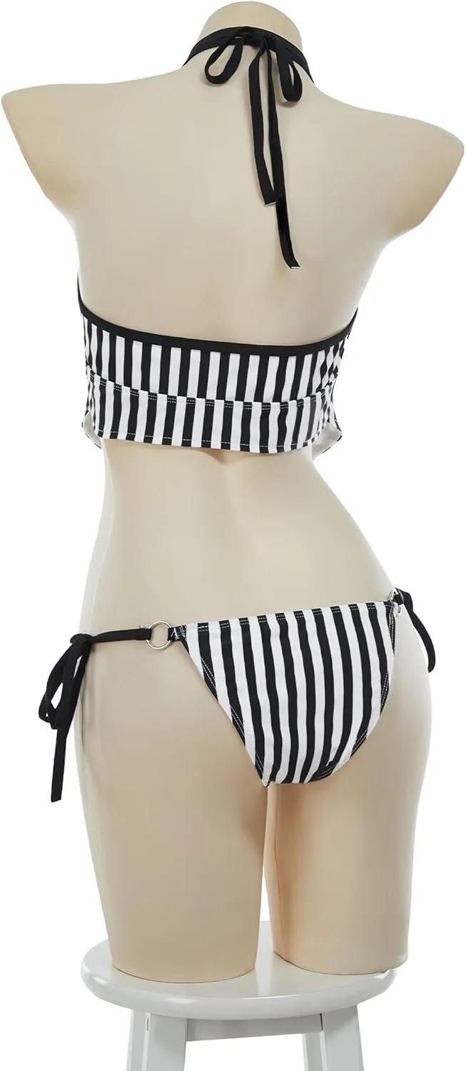 MEOWCOS Goth Bikini Swimsuit Gothic Black White Striped Personalized Bathing Suit Dark Style Goth Swimsuit