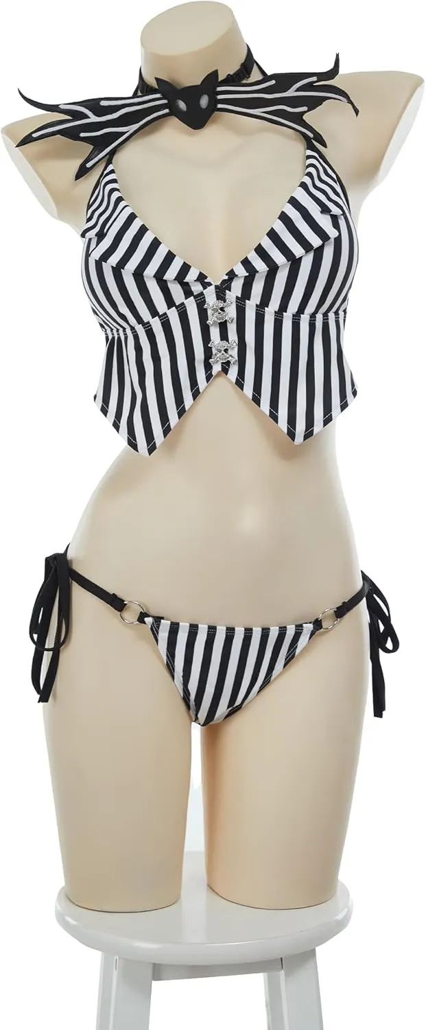 MEOWCOS Goth Bikini Swimsuit Gothic Black White Striped Personalized Bathing Suit Dark Style Goth Swimsuit