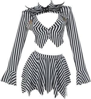 MEOWCOS Goth Bikini Swimsuit Gothic Black White Striped Personalized Bathing Suit Dark Style Goth Swimsuit