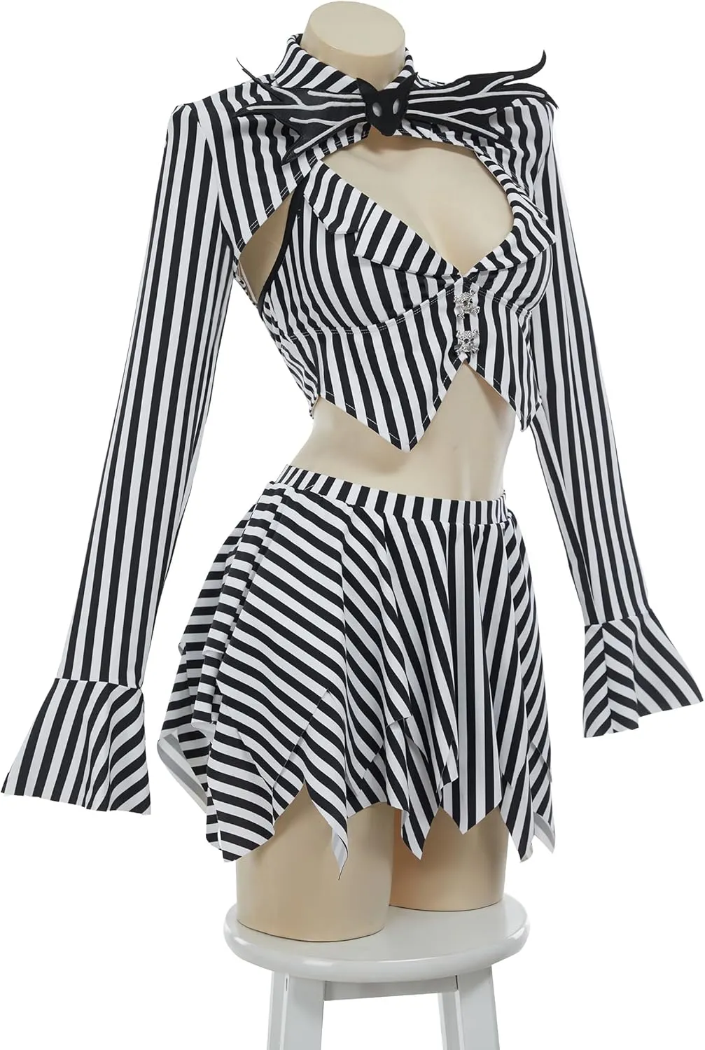 MEOWCOS Goth Bikini Swimsuit Gothic Black White Striped Personalized Bathing Suit Dark Style Goth Swimsuit