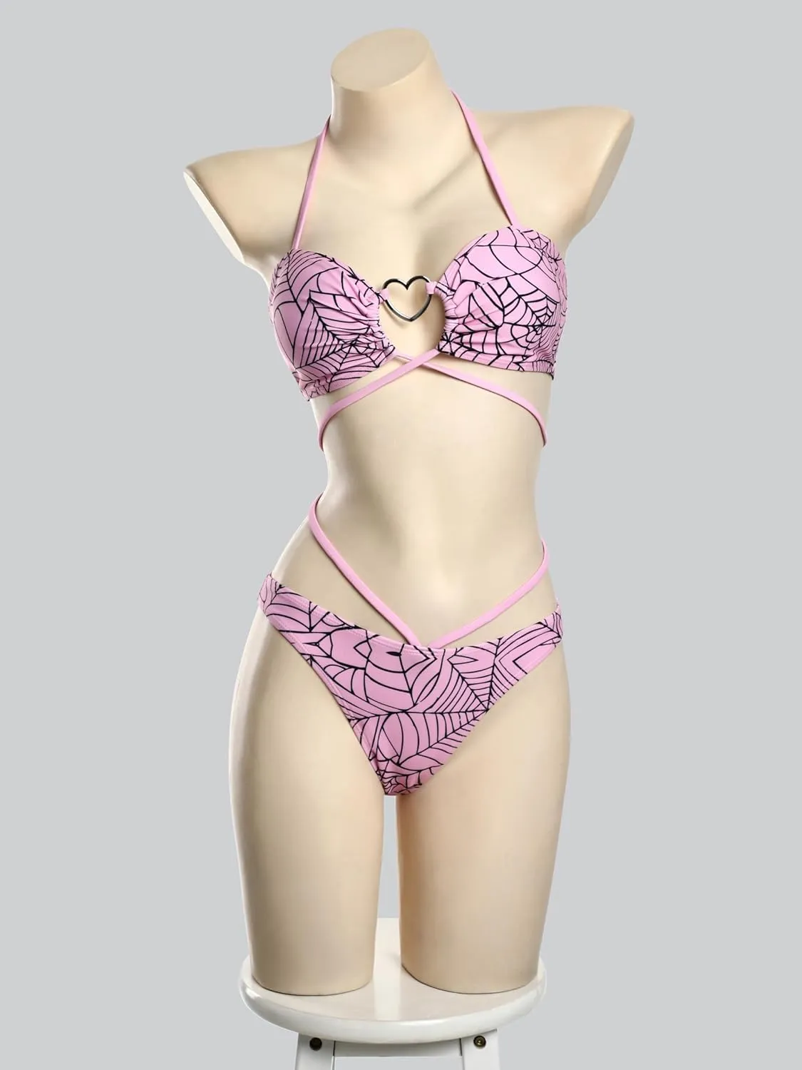 MEOWCOS Goth Bikini Swimsuit Gothic Pink Spider Web Print Bathing Suit Dark Style Goth Swimsuit