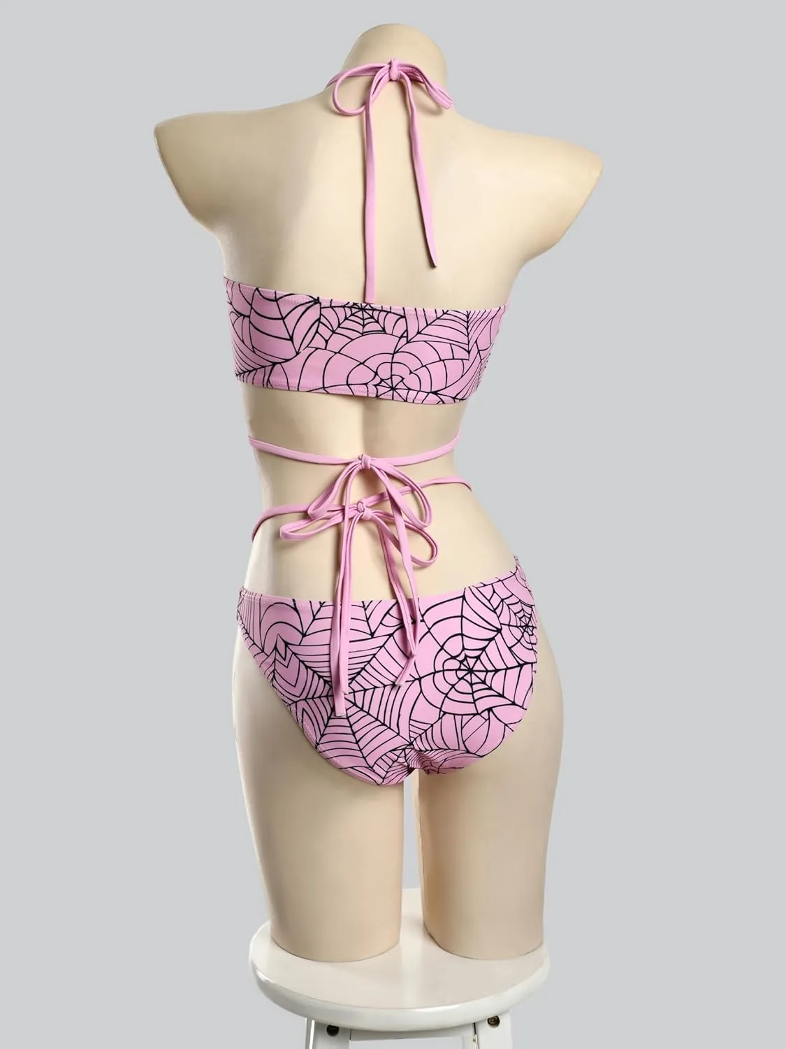 MEOWCOS Goth Bikini Swimsuit Gothic Pink Spider Web Print Bathing Suit Dark Style Goth Swimsuit