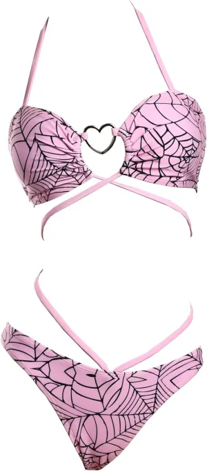 MEOWCOS Goth Bikini Swimsuit Gothic Pink Spider Web Print Bathing Suit Dark Style Goth Swimsuit