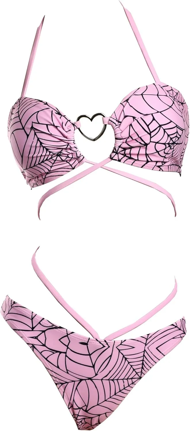 MEOWCOS Goth Bikini Swimsuit Gothic Pink Spider Web Print Bathing Suit Dark Style Goth Swimsuit