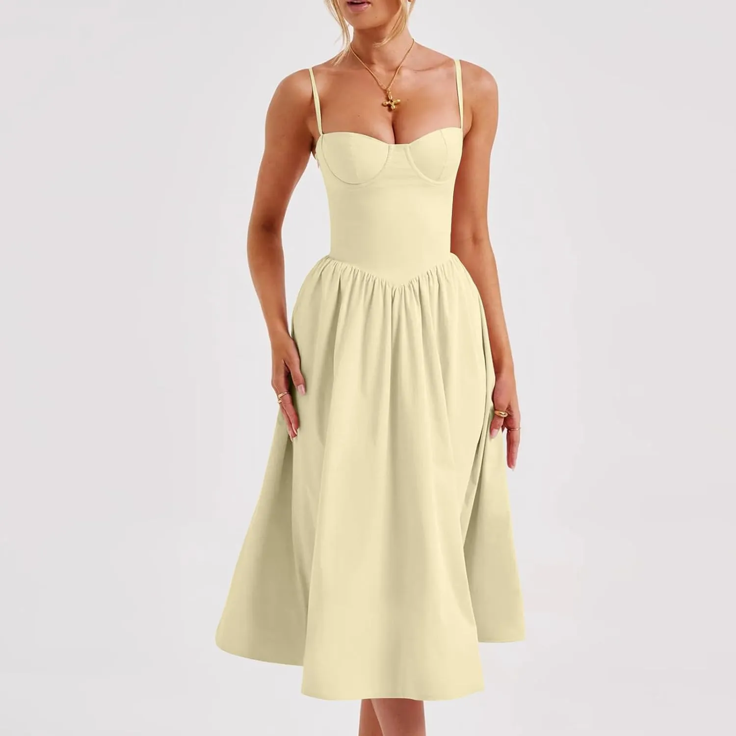 midelxp Corset Dress for Women Formal Spaghetti Strap Bustier Midi Dresses Flowy Pleated Hem Corset Sundress with Pockets