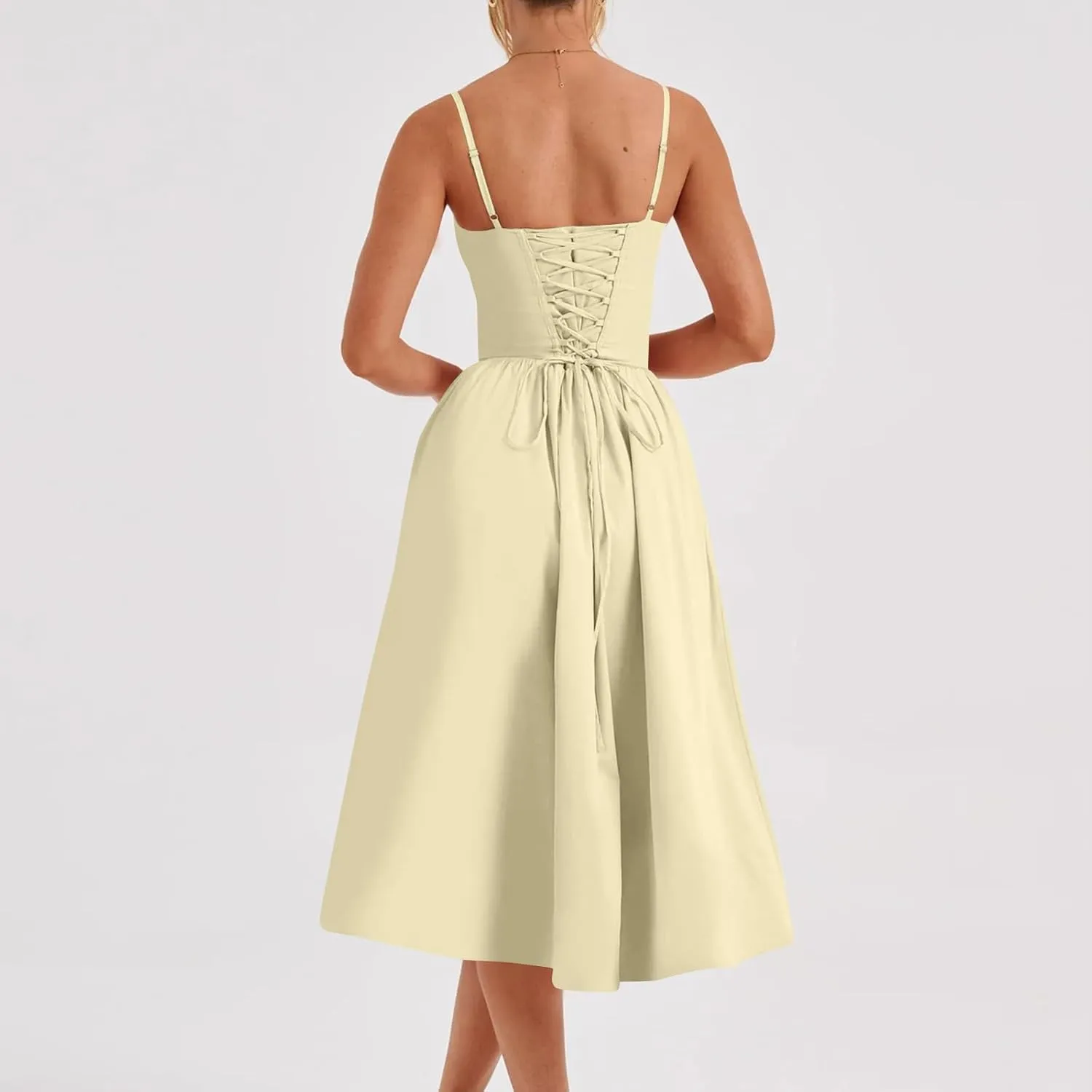 midelxp Corset Dress for Women Formal Spaghetti Strap Bustier Midi Dresses Flowy Pleated Hem Corset Sundress with Pockets