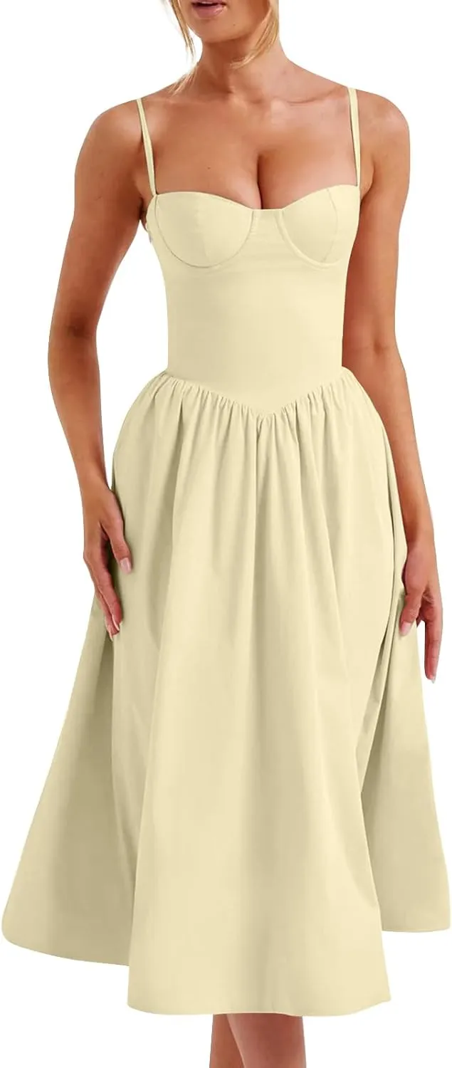 midelxp Corset Dress for Women Formal Spaghetti Strap Bustier Midi Dresses Flowy Pleated Hem Corset Sundress with Pockets