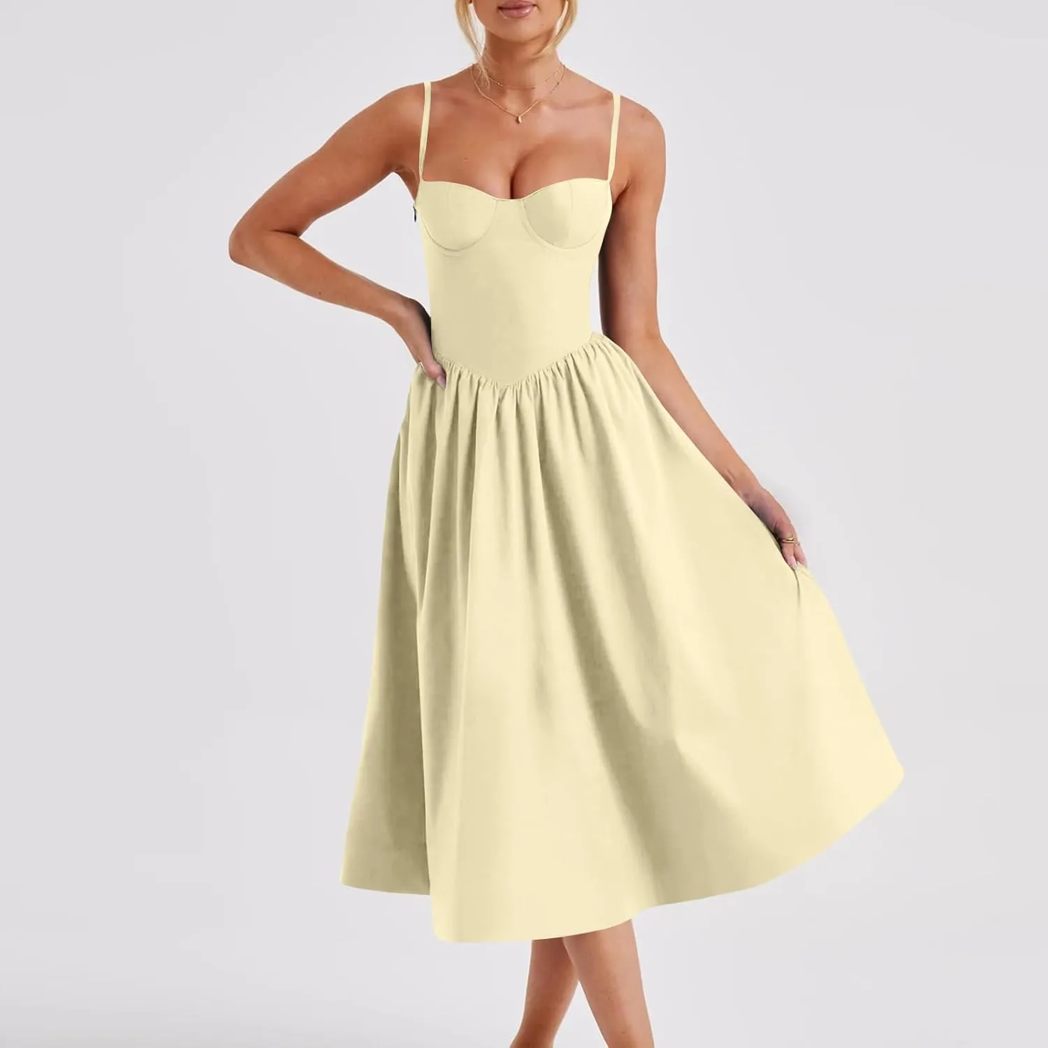 midelxp Corset Dress for Women Formal Spaghetti Strap Bustier Midi Dresses Flowy Pleated Hem Corset Sundress with Pockets