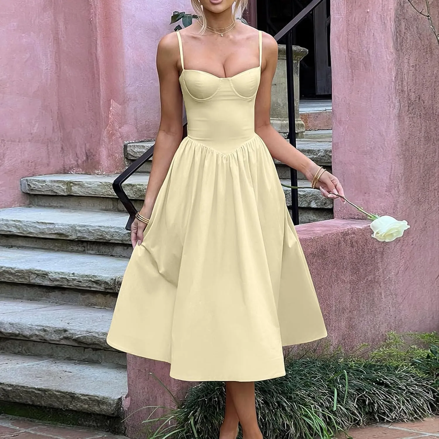 midelxp Corset Dress for Women Formal Spaghetti Strap Bustier Midi Dresses Flowy Pleated Hem Corset Sundress with Pockets