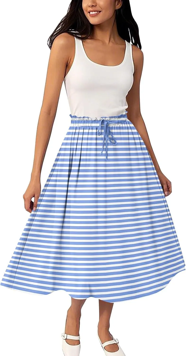 Midi Boho Floral Skirts for Women Trendy Drawstring High Elastic Waist Comfy Flowy A Line Skirt Skorts