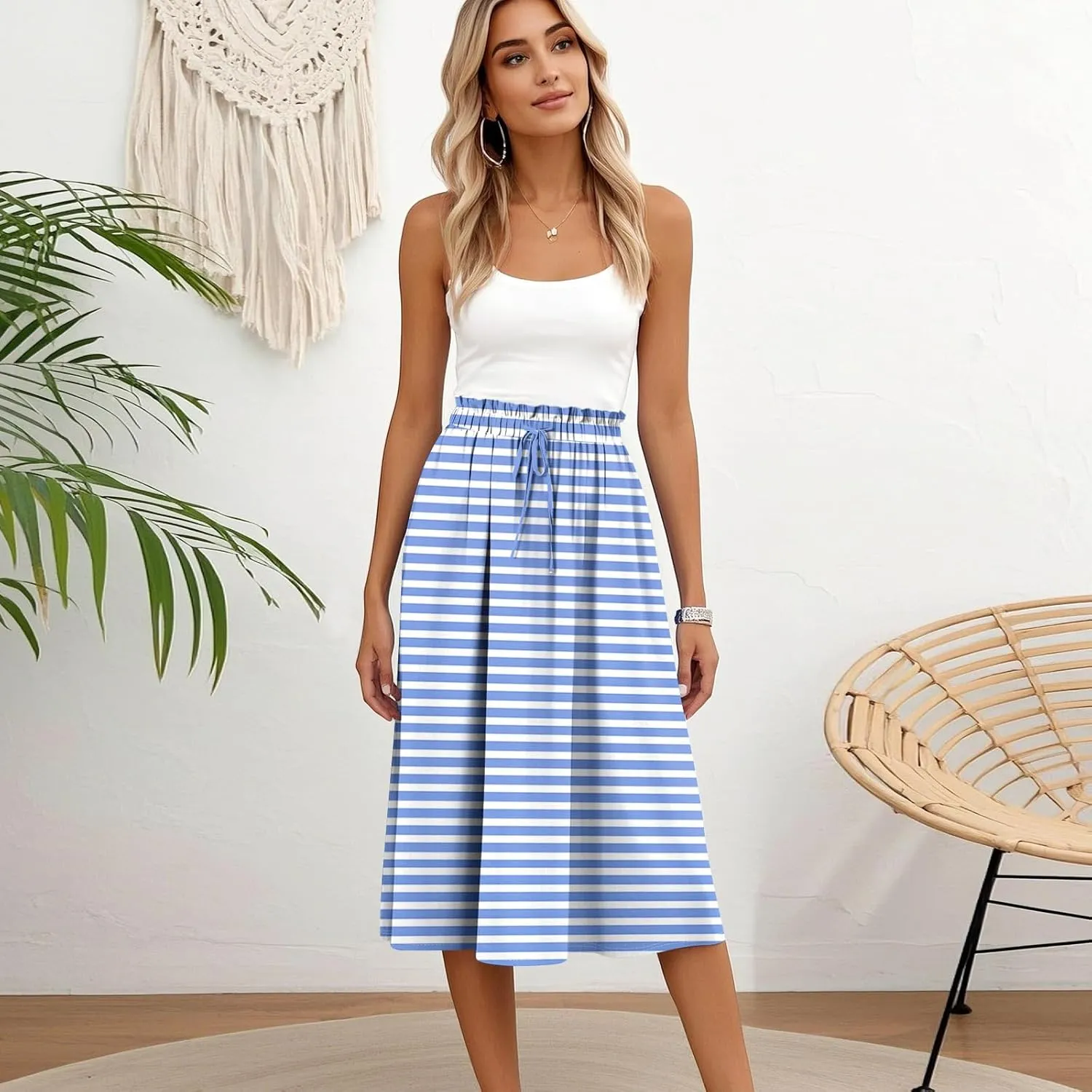Midi Boho Floral Skirts for Women Trendy Drawstring High Elastic Waist Comfy Flowy A Line Skirt Skorts