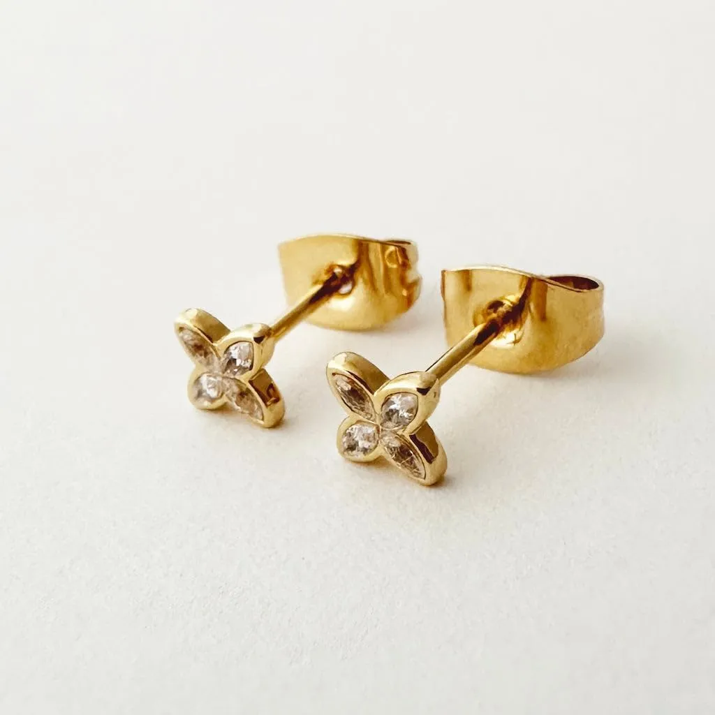 Mini Dainty Crystal Petal Stacking Studs Earrings in Gold, Rose Gold, or Silver by Honeycat