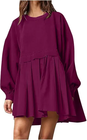 Mini Dress for Women Fall 2024 Color Block Patchwork Pleated Casual Soft Flowy Dress Outdoor Babydoll Bodycon Dresses