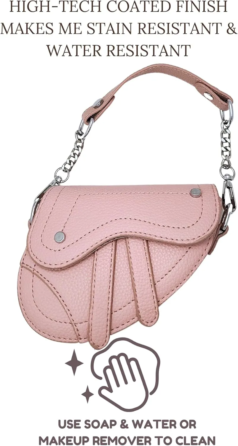 Mini Horse Saddle Crossbody Bag. Micro Purse. Vegan Leather Clutch Wallet with 2 Straps. In Brown, Gray, and Blush Pink