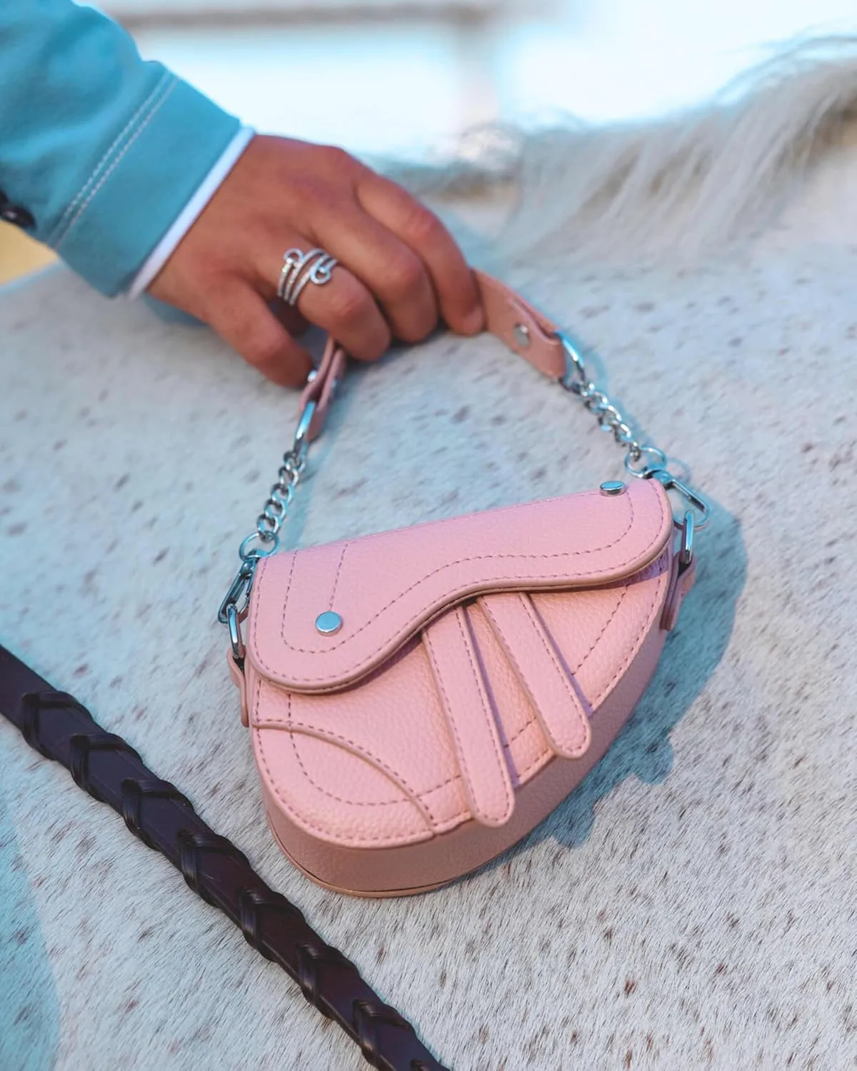 Mini Horse Saddle Crossbody Bag. Micro Purse. Vegan Leather Clutch Wallet with 2 Straps. In Brown, Gray, and Blush Pink
