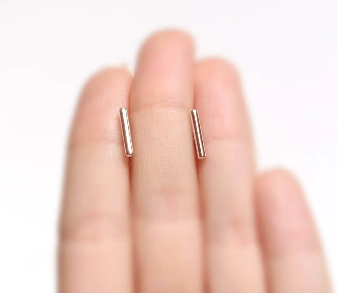 Minimalist Solid 14kt Gold Bar Studs Polished Tiny Flat Stick Line Earring