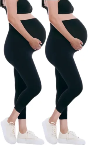 Motherhood Maternity Women's Essential Stretch Secret Fit Over The Belly Pregnancy Crop Capri Legging-2 Pack