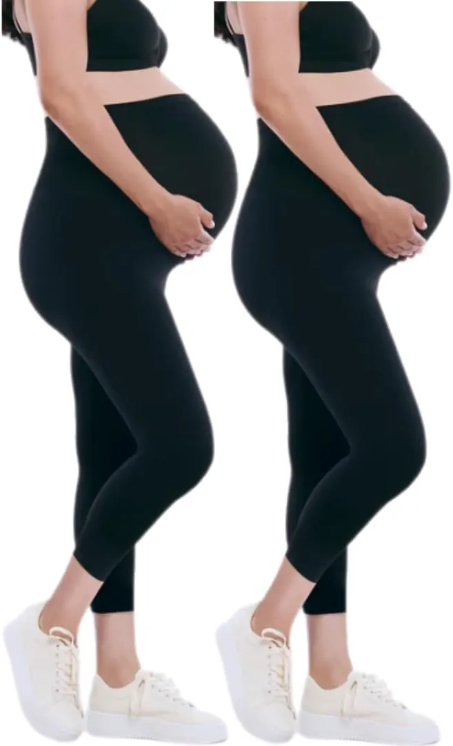 Motherhood Maternity Women's Essential Stretch Secret Fit Over The Belly Pregnancy Crop Capri Legging-2 Pack