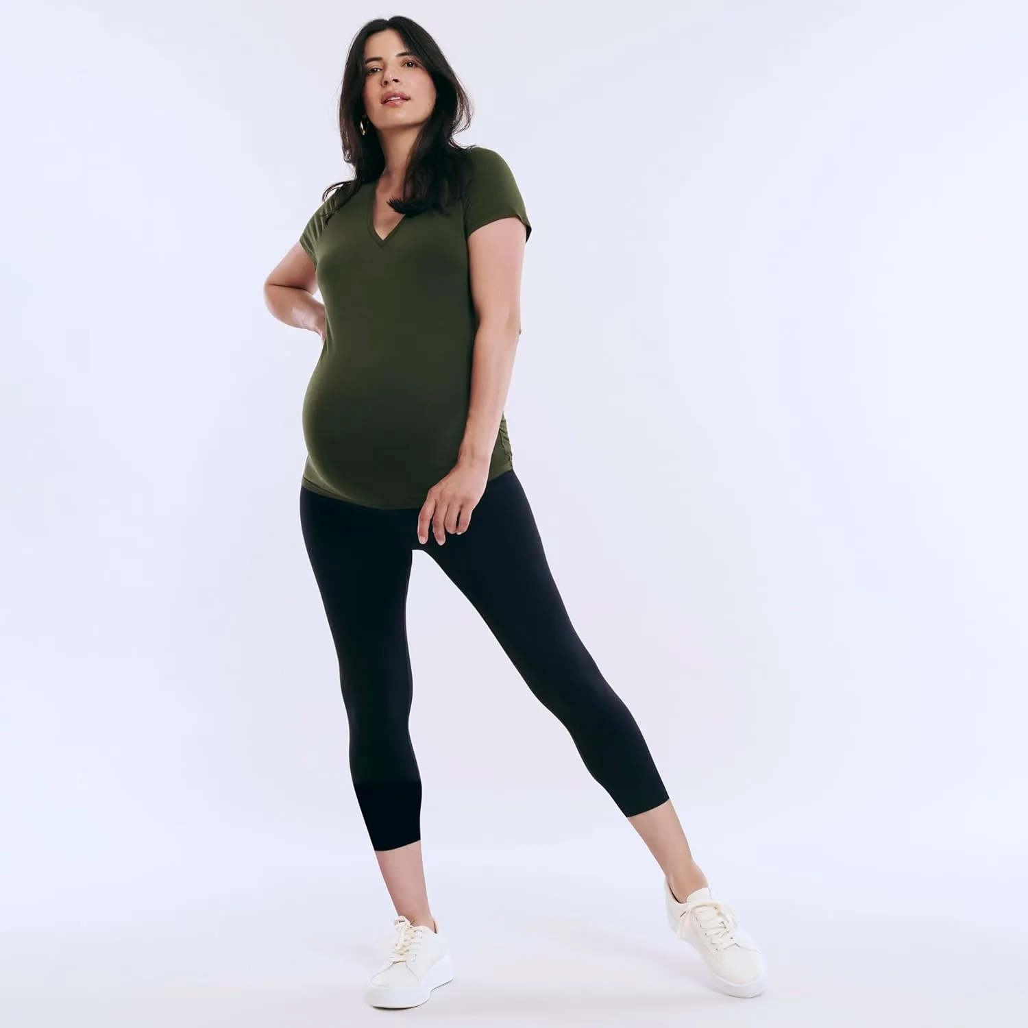 Motherhood Maternity Women's Essential Stretch Secret Fit Over The Belly Pregnancy Crop Capri Legging-2 Pack