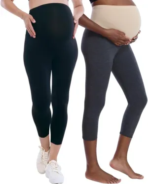 Motherhood Maternity Women's Essential Stretch Secret Fit Over The Belly Pregnancy Crop Capri Legging-2 Pack