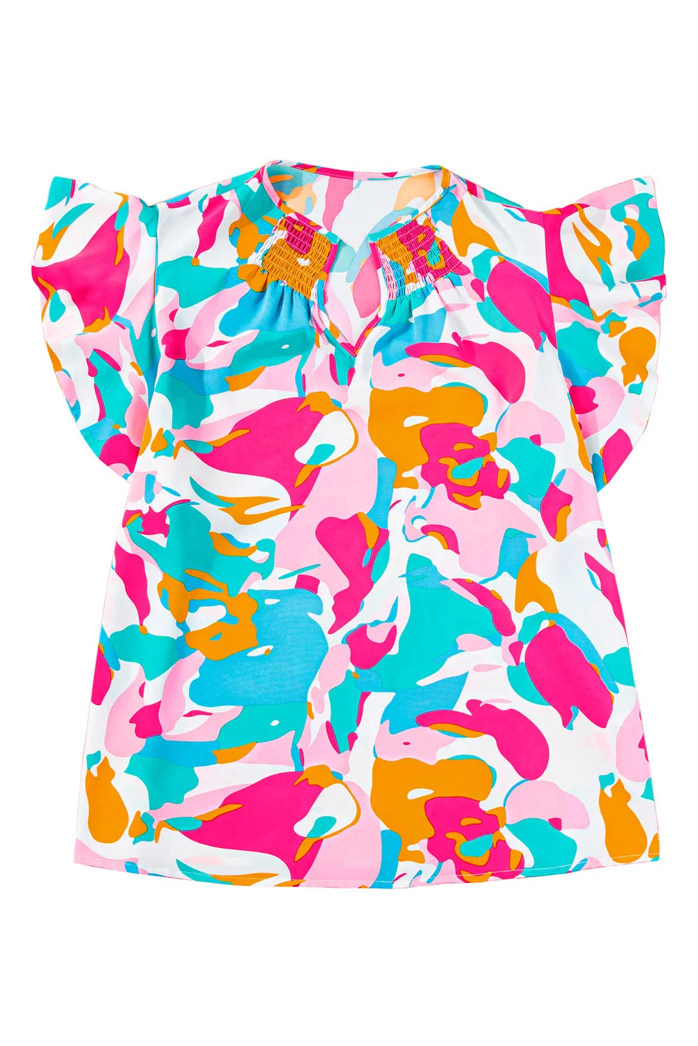 Multicolour Abstract Print Smocked Neck Ruffle Plus Blouse