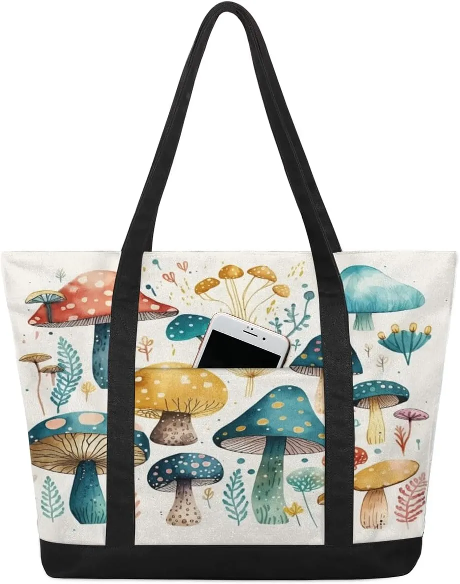 Mushroom Blue Tote Bag for Women Work Canvas Travel Tote Bags with Zipper Large Capacity Casual Handbag with Inner Pockets Reusable Shopping Shoulder Bag for Teacher Nurse