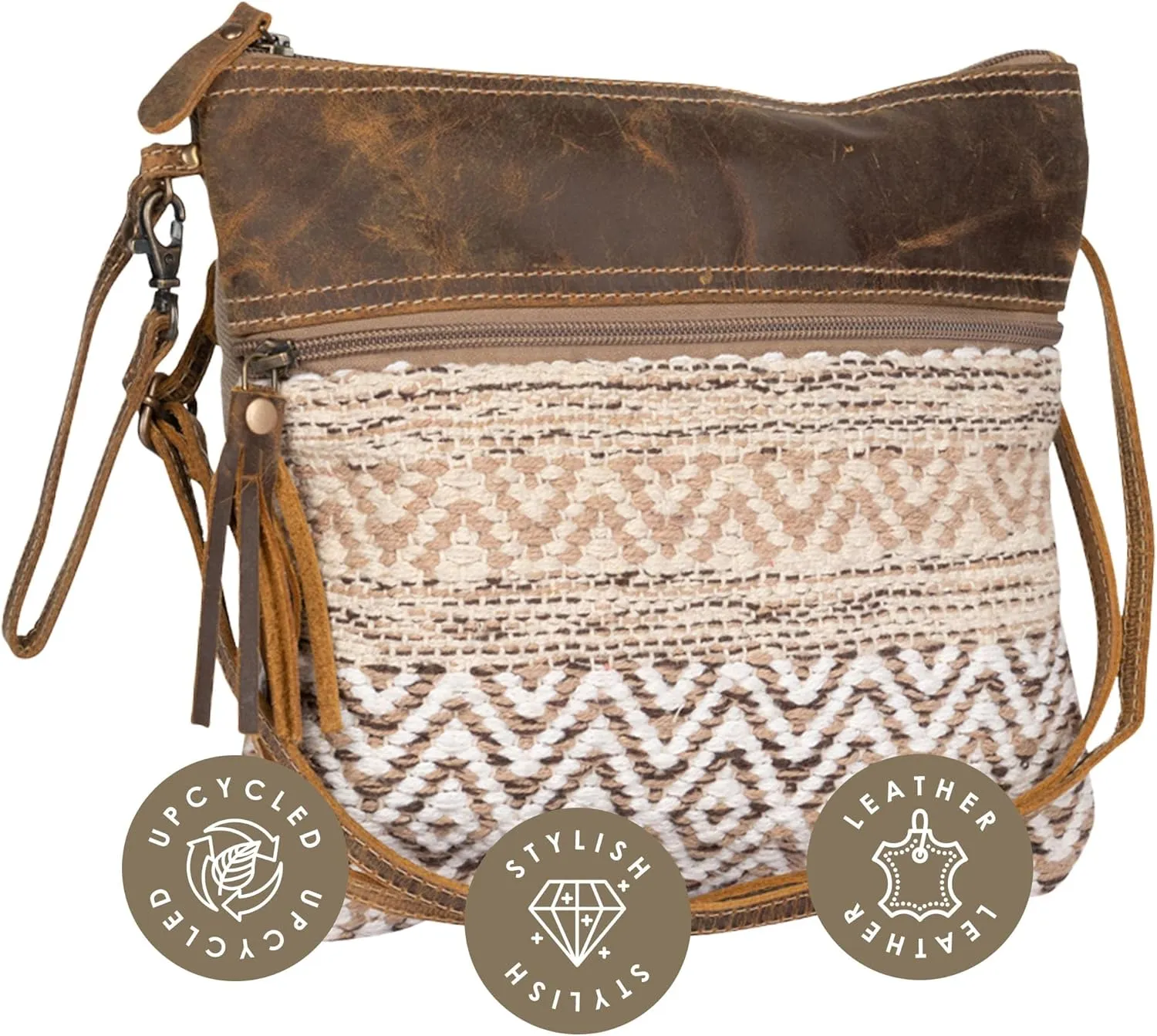 Myra Contentment Canvas Crossbody Zipper Pouch with Adjustable Strap and Tasseled Exterior Front Pocket, Hobo Crossbody Bag for Women