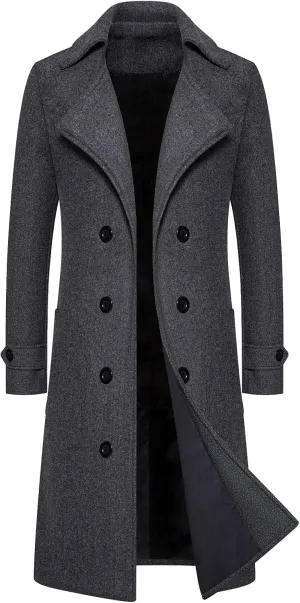 NATHGAM Mens Wool Blend Trench Coat Notch Lapel Long Business Pea Coat Big and Tall Slim Fit Double Breasted Work Dressy Coat