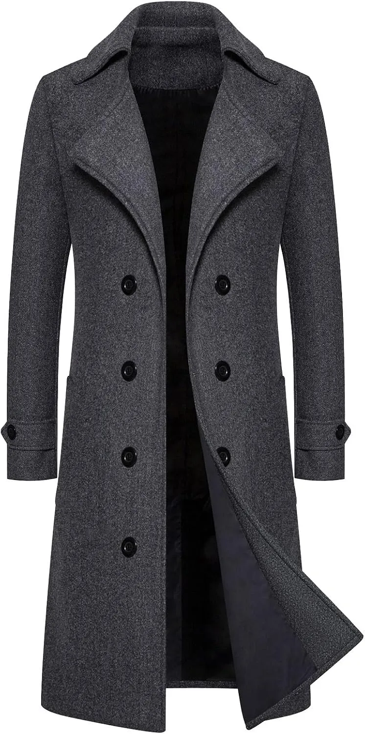 NATHGAM Mens Wool Blend Trench Coat Notch Lapel Long Business Pea Coat Big and Tall Slim Fit Double Breasted Work Dressy Coat