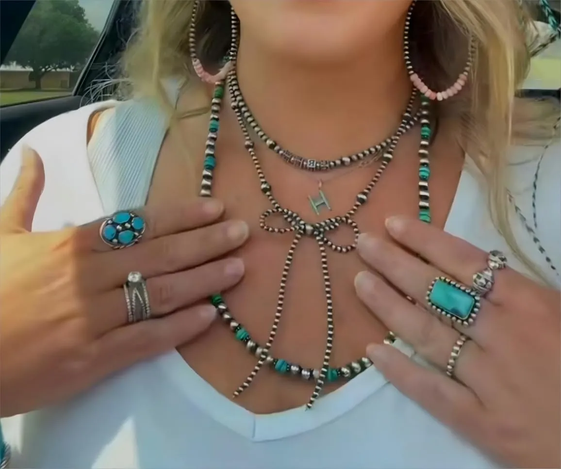 Navajo Bow Bowknot Pearl Cowboy Cowgirl Navajo Pearl Turquoise Necklace For women Western Boho Beaded Necklaces