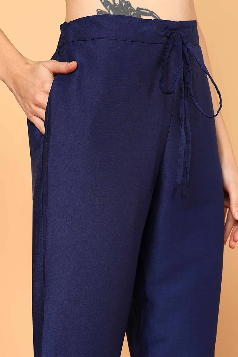 Navy Blue Silk Blend Solid Embroidered Flared Kurta Set
