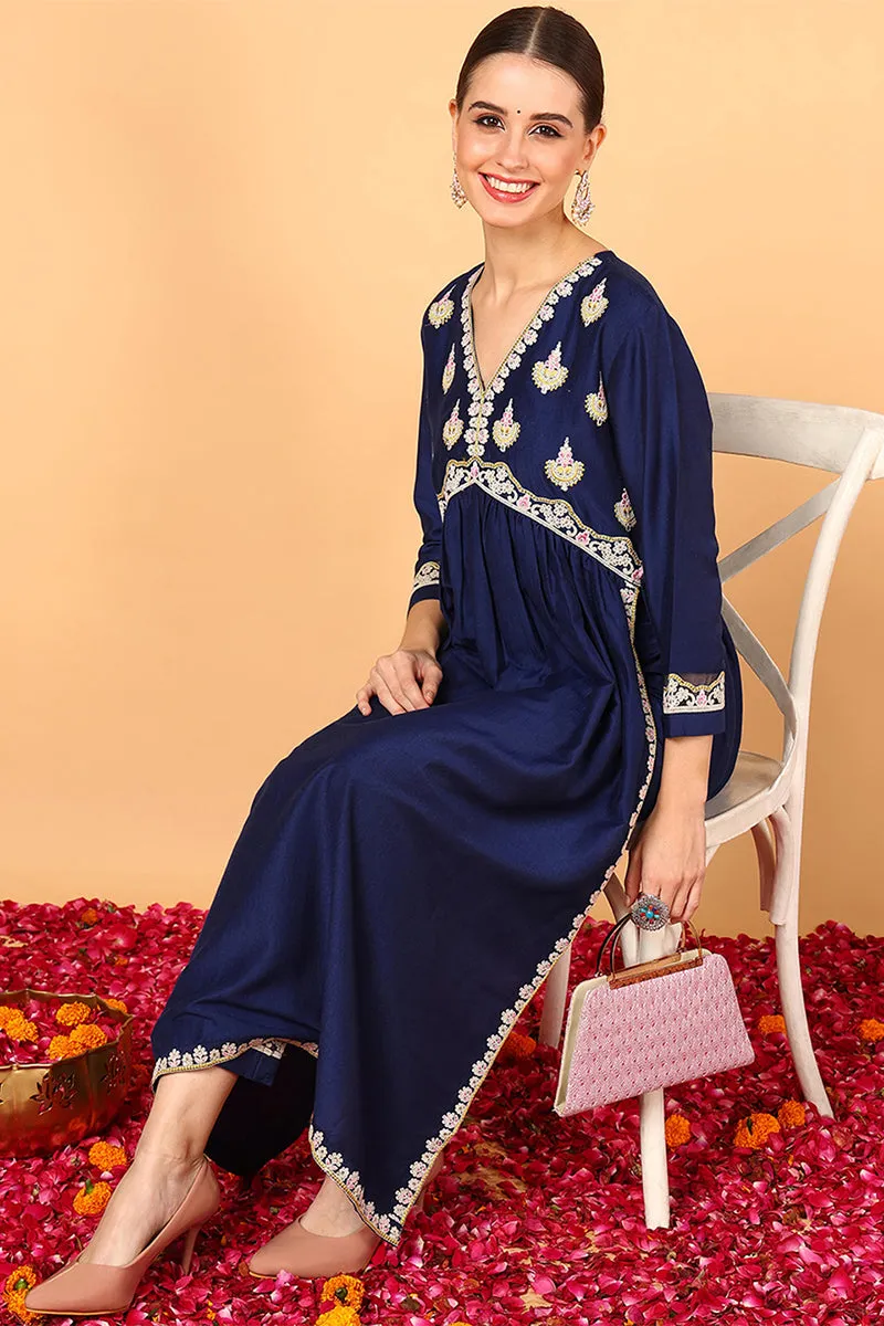 Navy Blue Silk Blend Solid Embroidered Flared Kurta Set