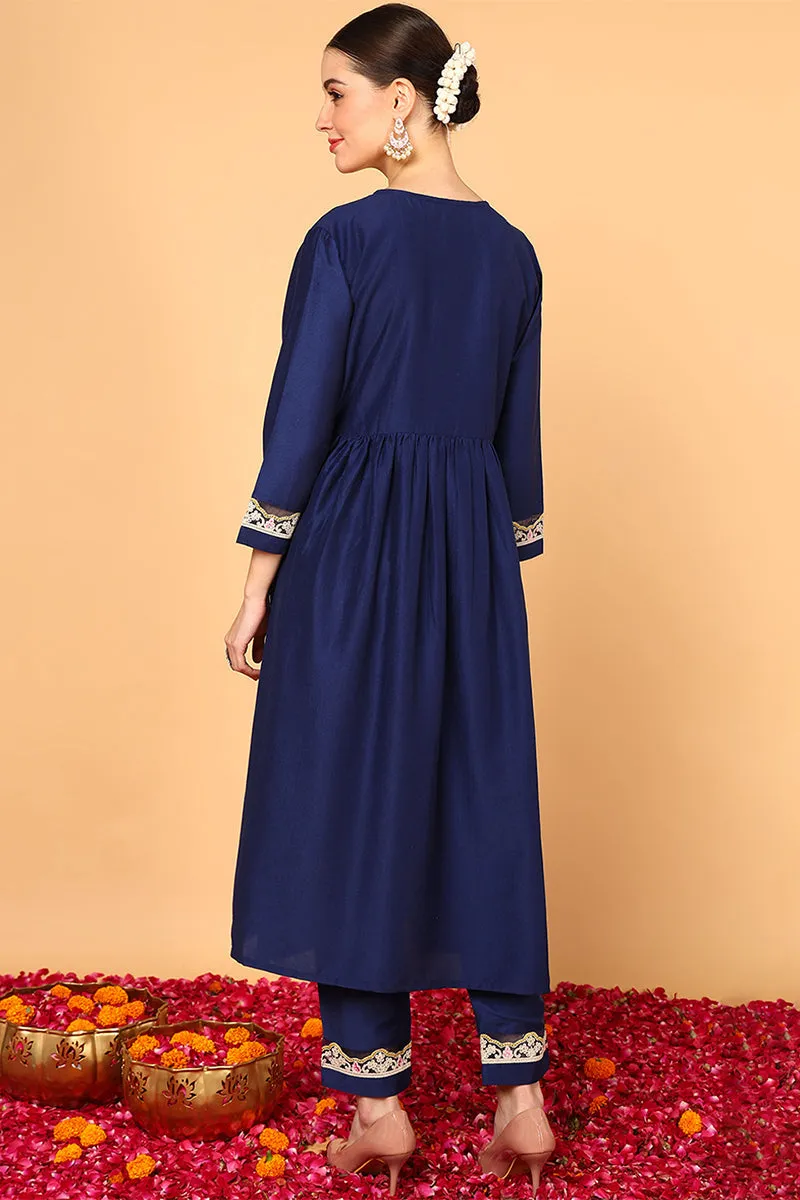 Navy Blue Silk Blend Solid Embroidered Flared Kurta Set