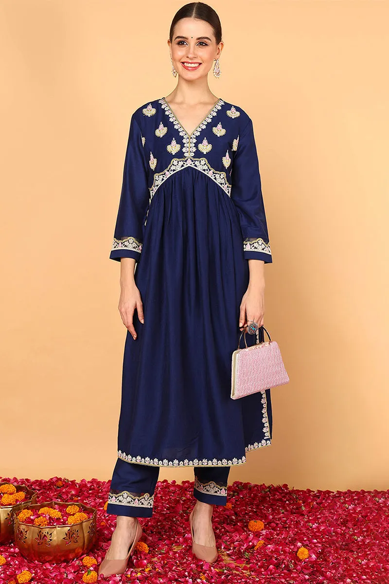 Navy Blue Silk Blend Solid Embroidered Flared Kurta Set