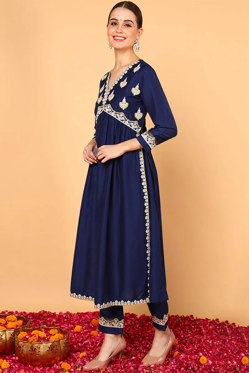 Navy Blue Silk Blend Solid Embroidered Flared Kurta Set