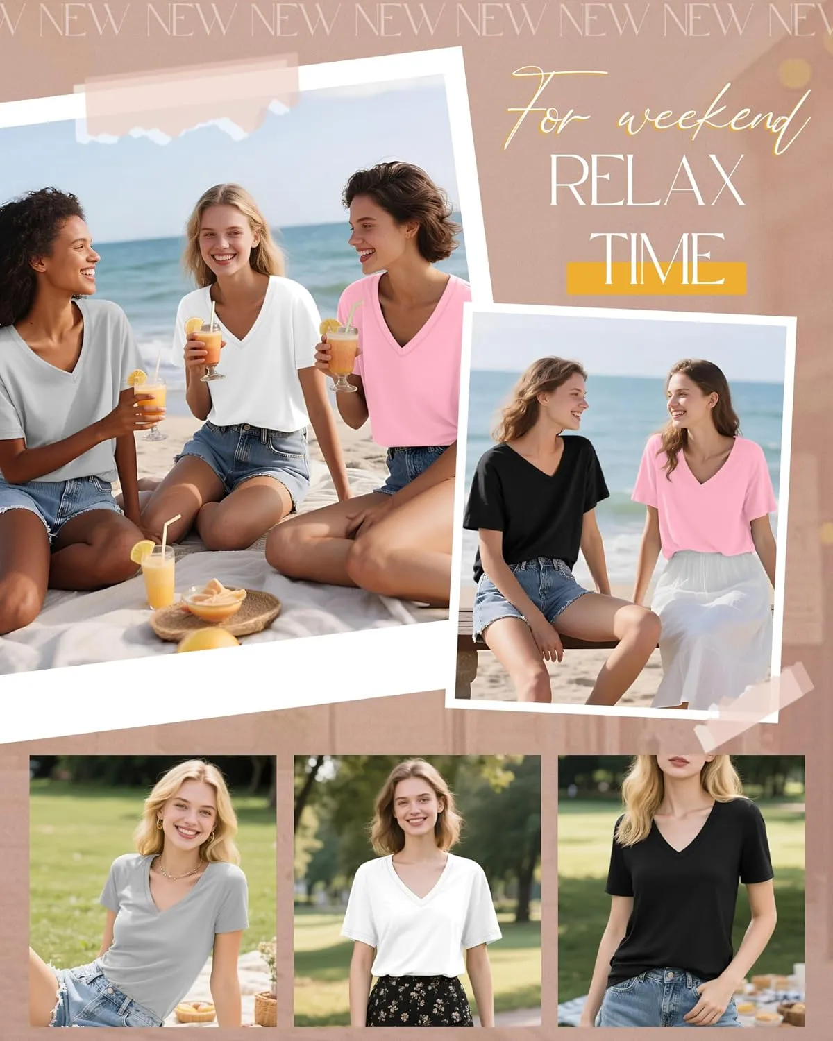 Neer 4 Pack Women's V Neck T-Shirts Summer Short Sleeve Casual Tops Loose Fit Flat Hem Basic Tees