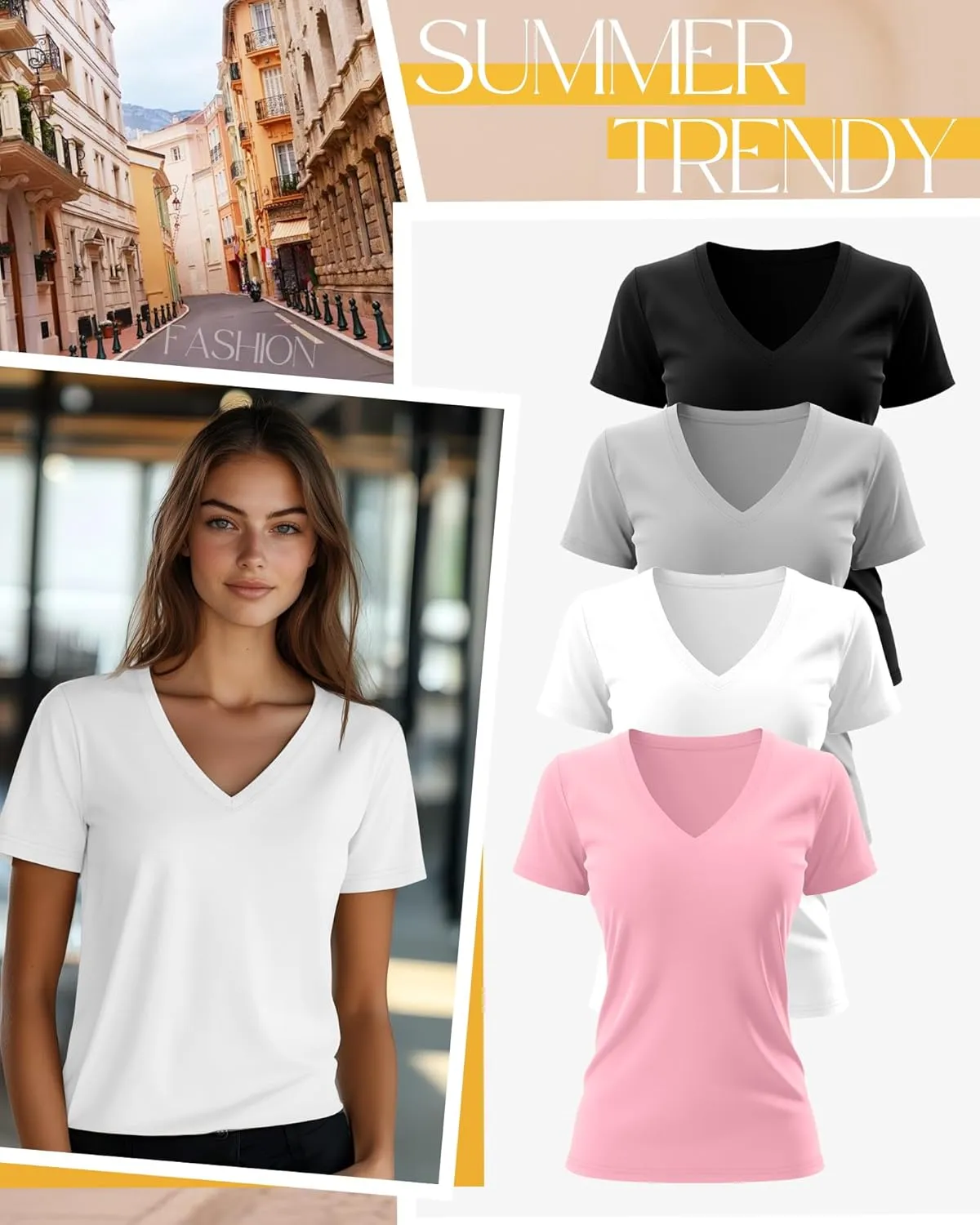 Neer 4 Pack Women's V Neck T-Shirts Summer Short Sleeve Casual Tops Loose Fit Flat Hem Basic Tees