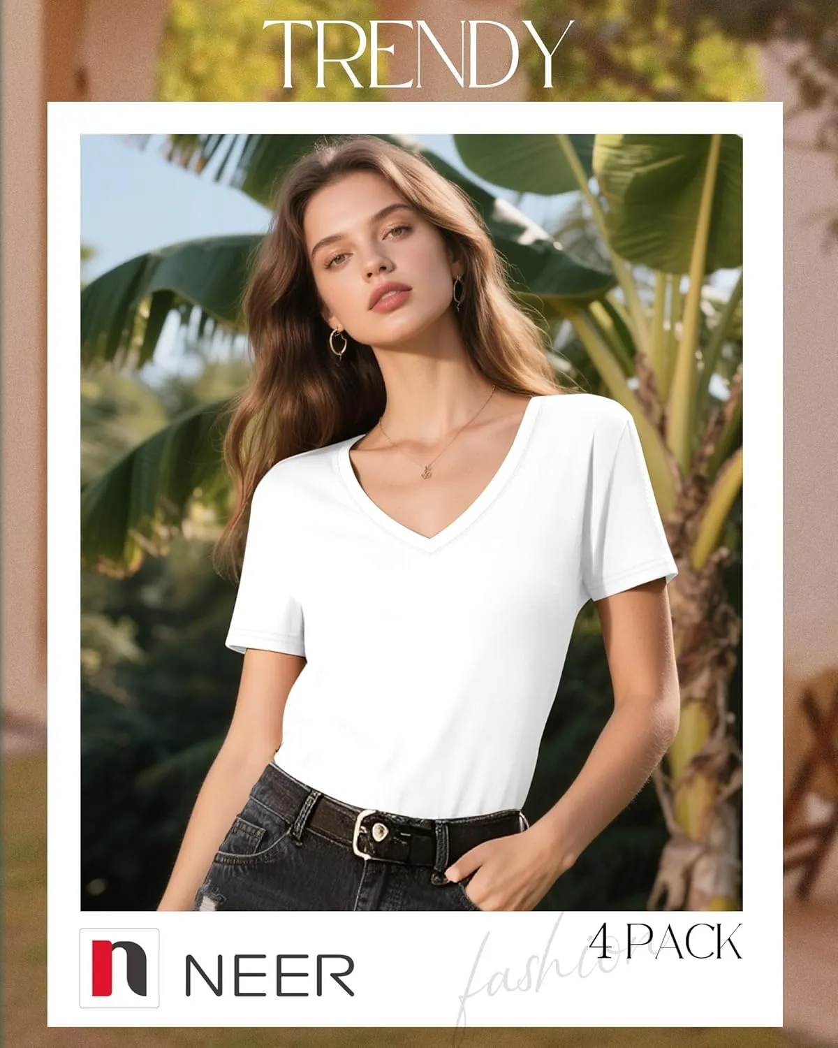 Neer 4 Pack Women's V Neck T-Shirts Summer Short Sleeve Casual Tops Loose Fit Flat Hem Basic Tees