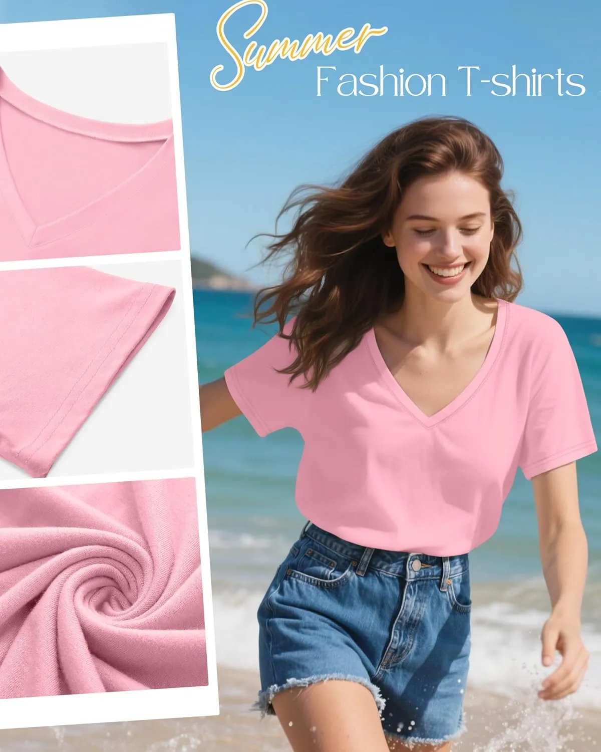 Neer 4 Pack Women's V Neck T-Shirts Summer Short Sleeve Casual Tops Loose Fit Flat Hem Basic Tees