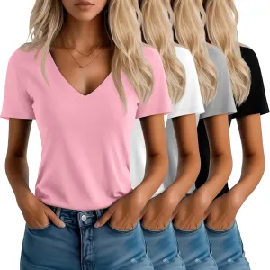 Neer 4 Pack Women's V Neck T-Shirts Summer Short Sleeve Casual Tops Loose Fit Flat Hem Basic Tees