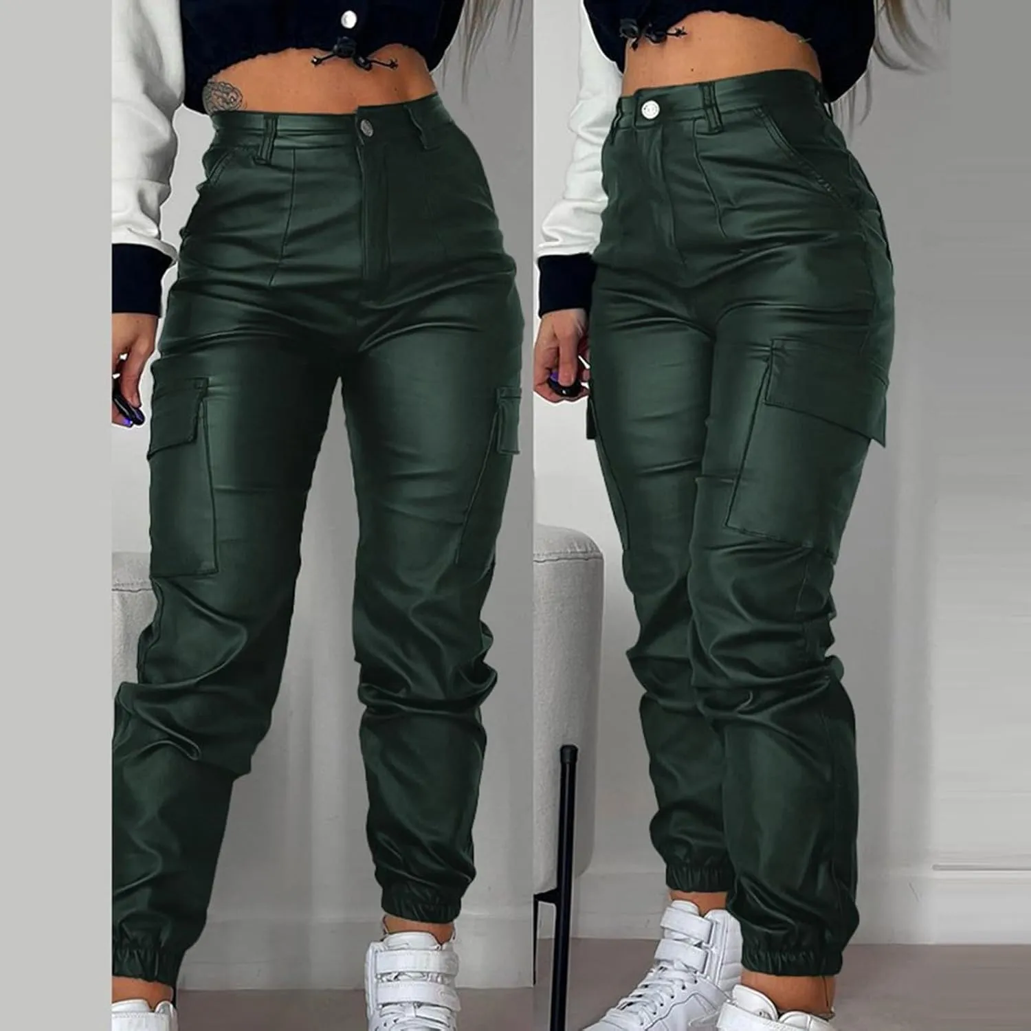 New Zipper Pleated Women's Trousers with Pockets Fashionable Solid Color PU Casual Patch Sexy Leather Pants for