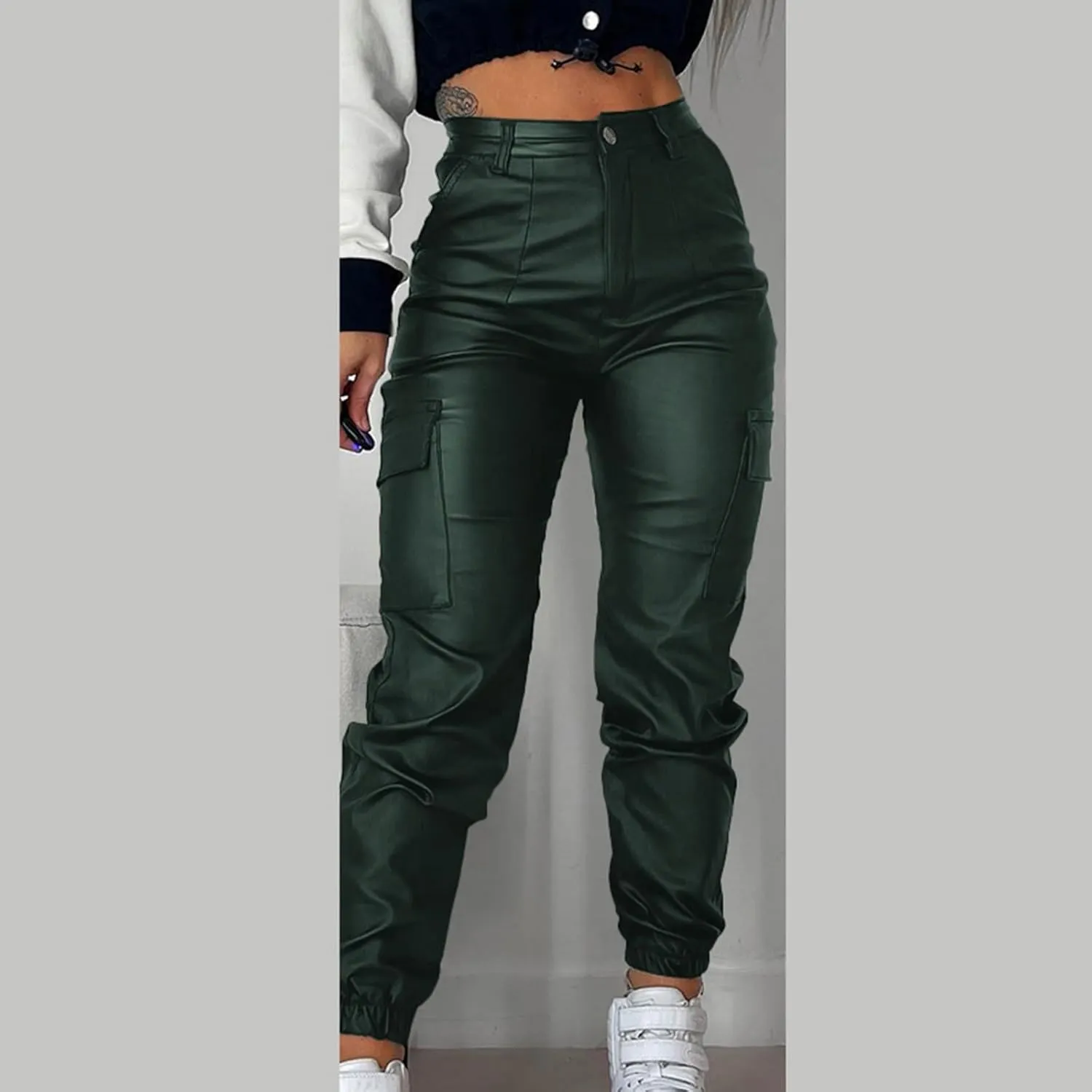 New Zipper Pleated Women's Trousers with Pockets Fashionable Solid Color PU Casual Patch Sexy Leather Pants for