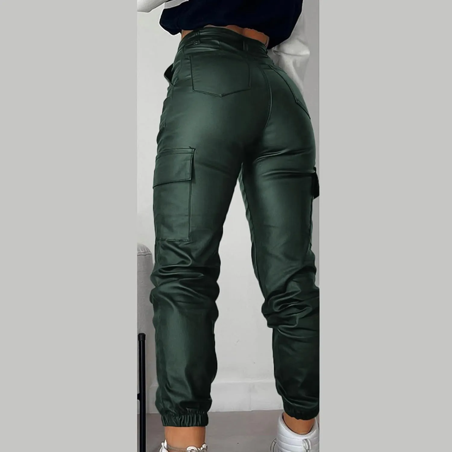 New Zipper Pleated Women's Trousers with Pockets Fashionable Solid Color PU Casual Patch Sexy Leather Pants for