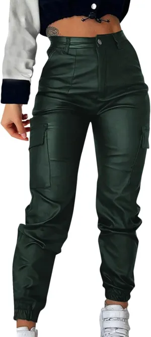 New Zipper Pleated Women's Trousers with Pockets Fashionable Solid Color PU Casual Patch Sexy Leather Pants for