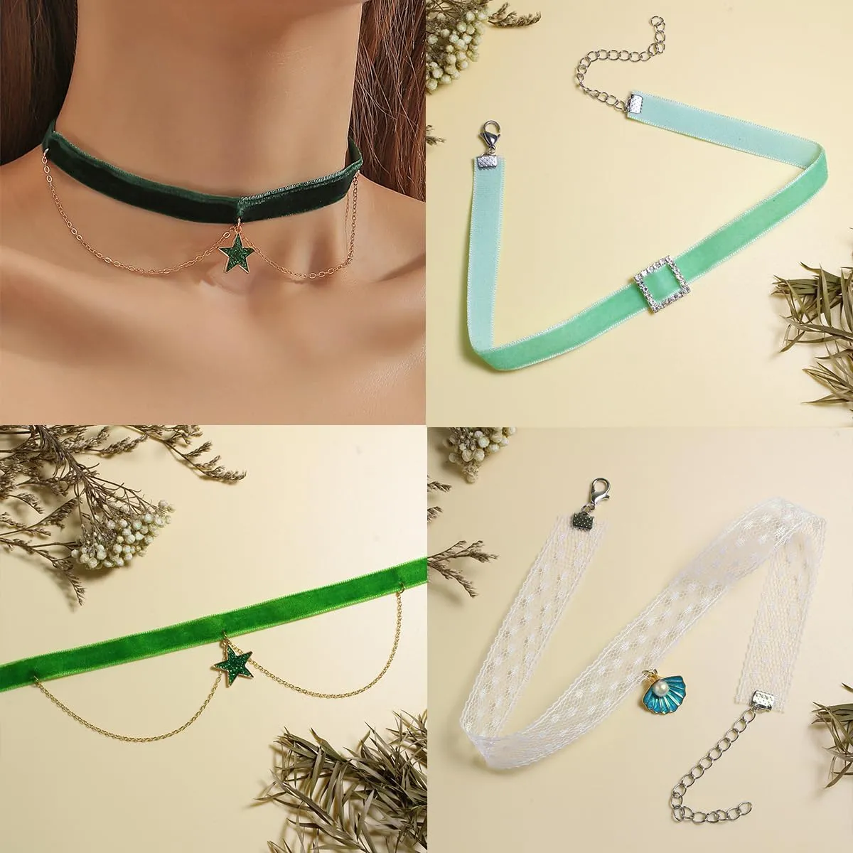 Nova&Aria Chokers Set For Women Heart Pearl Choker Necklaces Flower Pendant Velvet Cute Pink Blue White Black Choker Necklace Classic Tattoo Colorful Lace Chokers